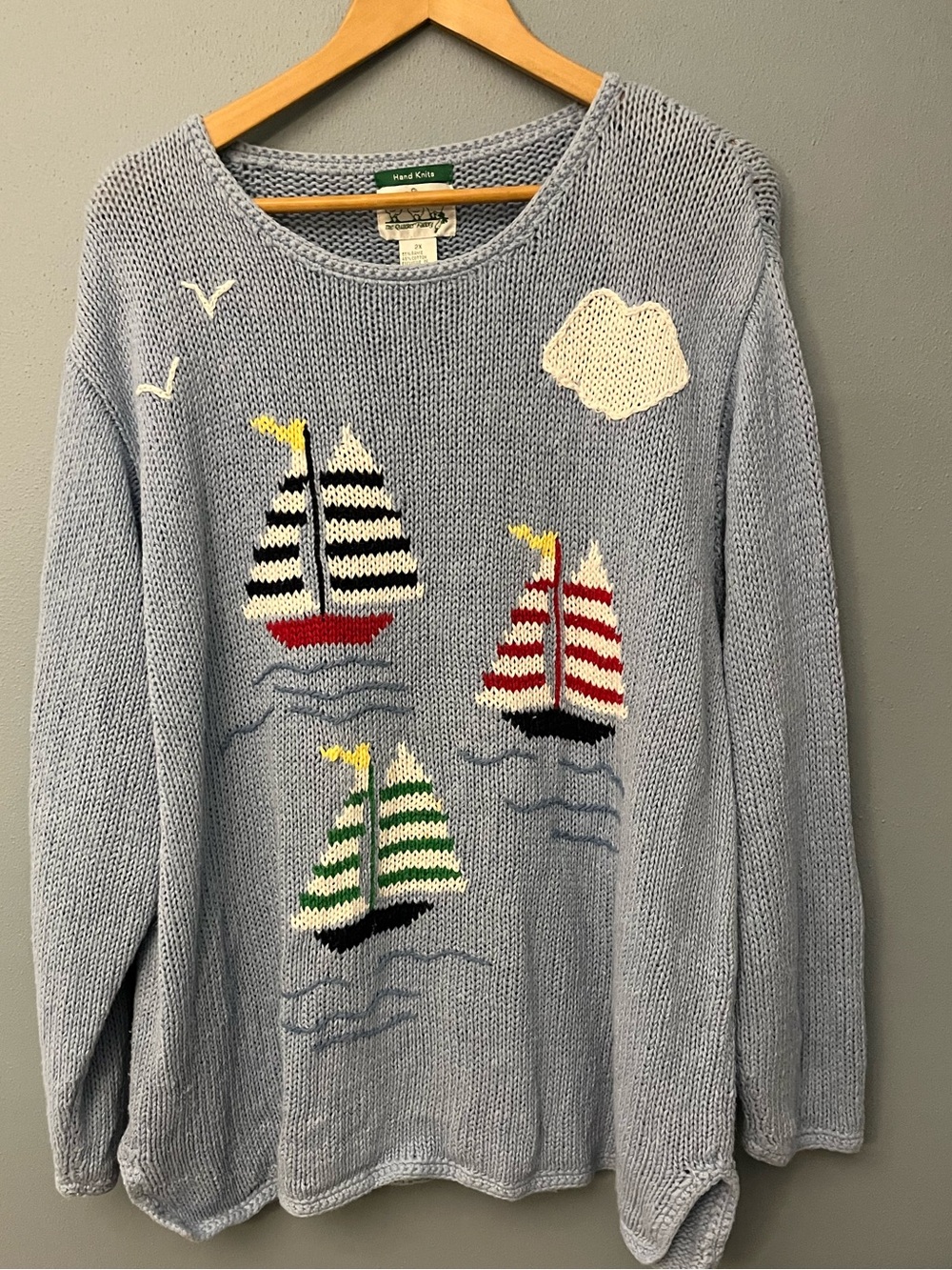 Vintage Quacker Factory Hand Knit Sweater with Striped Sailboat Appliqués
